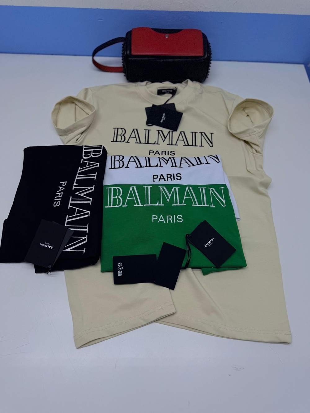 Balmain men Short Sleeve Logo Tee Set in Cream, Black, White, Green